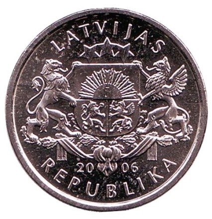 Монета 1 лат, 2006 год, Латвия. Сосновая шишка.