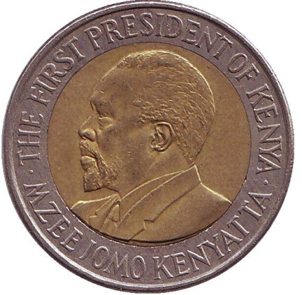 Монета 20 шиллингов, 2005 год, Кения. Из обращения. Джомо Кениата - первый президент Кении.