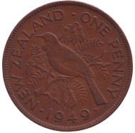 Монета 1 пенни, 1949 год, Новая Зеландия. Новозеландский туи. Монета 1 пенни, 1949 год, Новая Зеландия. Новозеландский туи.