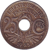 Монета 25 сантимов. 1925 год, Франция. Монета 25 сантимов. 1925 год, Франция.