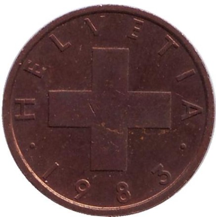 Монета 1 раппен. 1983 год, Швейцария.