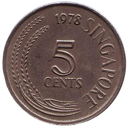 Монета 5 центов. 1978 год, Сингапур. Большая белая цапля.