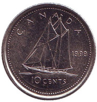 Монета 10 центов. 1999 год, Канада. Парусник. Монета 10 центов. 1999 год, Канада. Парусник.