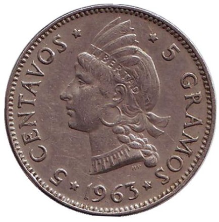 Монета 5 сентаво. 1963 год, Доминиканская республика. 100 лет восстановлению Республики. Монета 5 сентаво. 1963 год, Доминиканская республика. 100 лет восстановлению Республики.