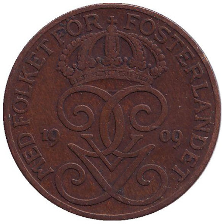 Монета 5 эре. 1909 год, Швеция. (малый крест)