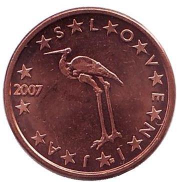 Монета 1 цент, 2007 год, Словения. Белый журавль.
