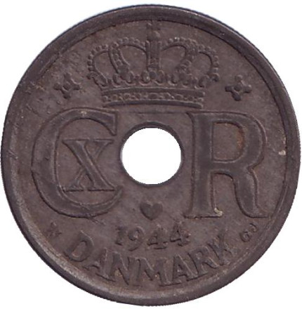 Монета 25 эре. 1944 год, Дания.