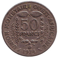 Монета 50 франков. 1974 год, Западные Африканские штаты. Монета 50 франков. 1974 год, Западные Африканские штаты.