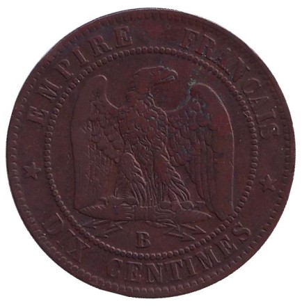 Монета 10 сантимов. 1855 год (B), Франция. (Отметка: якорь) Наполеон III. Монета 10 сантимов. 1855 год (B), Франция. (Отметка: якорь) Наполеон III.