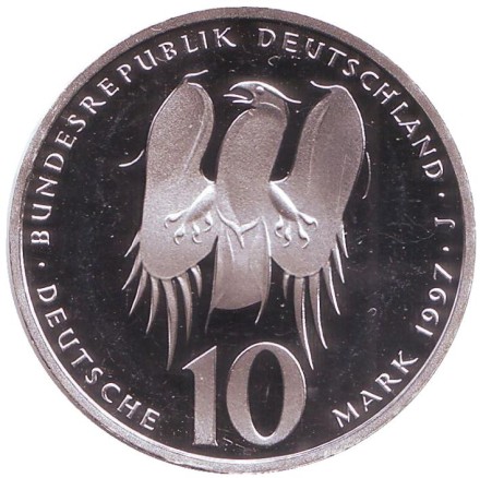 Монета 10 марок. 1997 год, ФРГ. 500-летие со дня рождения Филиппа Меланхтона. (J). Proof. Монета 10 марок. 1997 год, ФРГ. 500-летие со дня рождения Филиппа Меланхтона. (J). Proof.