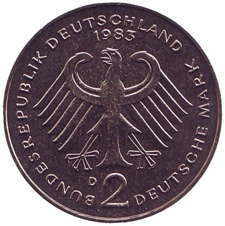 Монета 2 марки. 1983 год (D), ФРГ. Курт Шумахер.