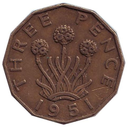 Монета 3 пенса. 1951 год, Великобритания. Лук-порей.