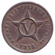 Монета 5 сентаво. 1915 год, Куба. Монета 5 сентаво. 1915 год, Куба.