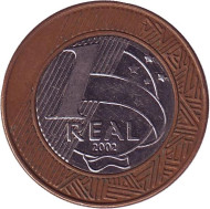 Монета 1 реал. 2002 год, Бразилия. Монета 1 реал. 2002 год, Бразилия.