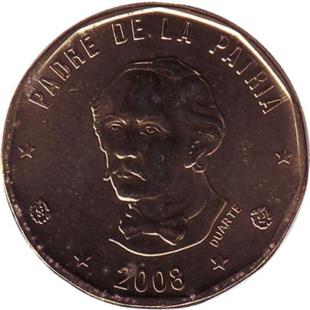 Монета 1 песо. 2008 год, Доминиканская Республика. (Магнитная). Пабло Дуарте.