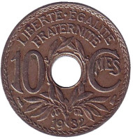 Монета 10 сантимов. 1932 год, Франция. Монета 10 сантимов. 1932 год, Франция.