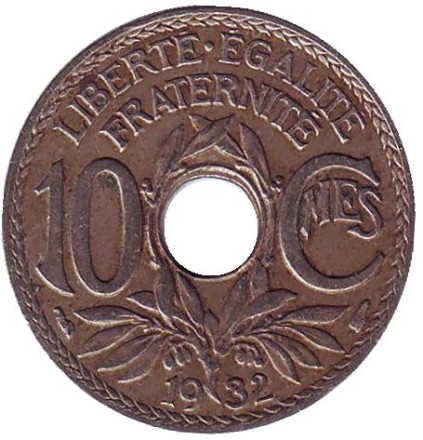 Монета 10 сантимов. 1932 год, Франция.