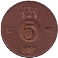 Монета 5 эре. 1970 год, Швеция. Монета 5 эре. 1970 год, Швеция.