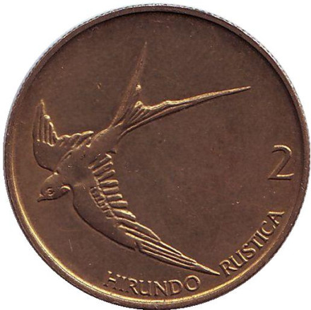 Монета 2 толара. 1995 год, Словения. Деревенская ласточка.