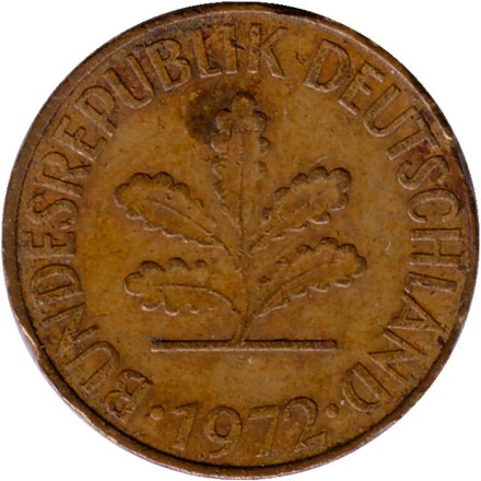 Монета 10 пфеннигов. 1972 год (G), ФРГ. Дубовые листья.