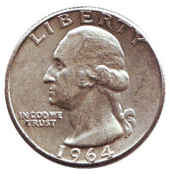 Монета 25 центов. 1964 год, США. (Без отметки монетного двора). Вашингтон. Монета 25 центов. 1964 год, США. (Без отметки монетного двора). Вашингтон.