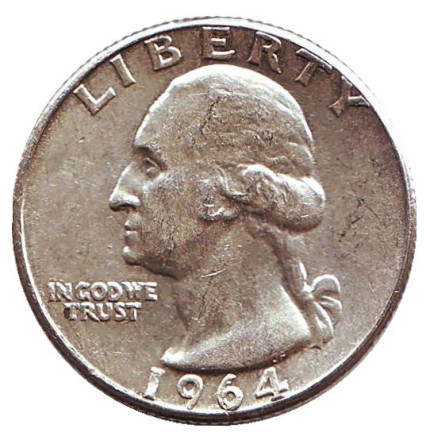 Монета 25 центов. 1964 год, США. (Без отметки монетного двора). Вашингтон.