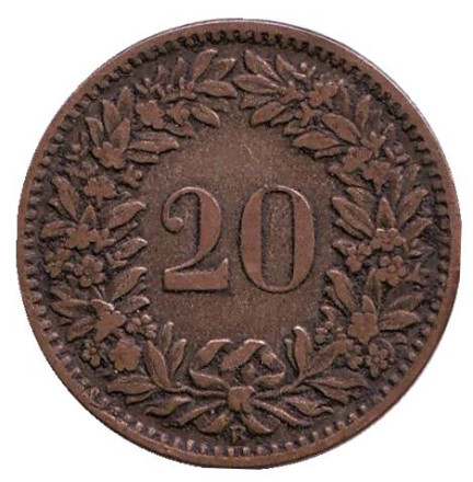 Монета 20 раппенов. 1859 год, Швейцария.