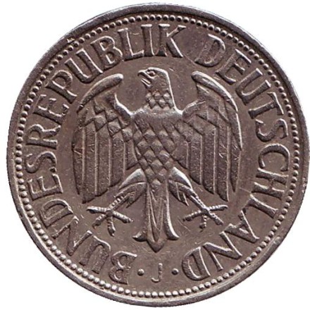 Монета 1 марка. 1950 год (J), ФРГ. Монета 1 марка. 1950 год (J), ФРГ.
