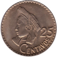 Монета 25 сентаво. 1968 год, Гватемала. Индианка. Монета 25 сентаво. 1968 год, Гватемала. Индианка.