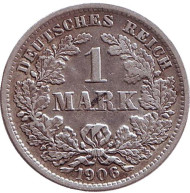 Монета 1 марка. 1906 год (J), Германская империя. Монета 1 марка. 1906 год (J), Германская империя.