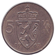 Монета 5 крон. 1967 год, Норвегия. Монета 5 крон. 1967 год, Норвегия.