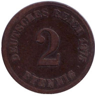 Монета 2 пфеннига. 1875 год (J), Германская империя. Монета 2 пфеннига. 1875 год (J), Германская империя.