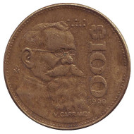 Монета 100 песо. 1990 год, Мексика. Венустино Карранса.