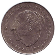 Монета 2 марки. 1980 год (J), ФРГ. Теодор Хойс. Монета 2 марки. 1980 год (J), ФРГ. Теодор Хойс.