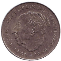 Теодор Хойс. Монета 2 марки. 1980 год (J), ФРГ. Из обращения.