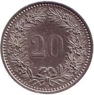 Монета 20 раппенов. 1997 год, Швейцария. Монета 20 раппенов. 1997 год, Швейцария.