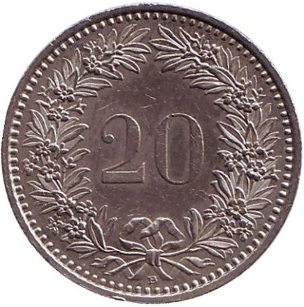 Монета 20 раппенов. 1997 год, Швейцария.