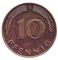 Монета 10 пфеннигов. 1974 год (G), ФРГ. Дубовые листья. Монета 10 пфеннигов. 1974 год (G), ФРГ. Дубовые листья.