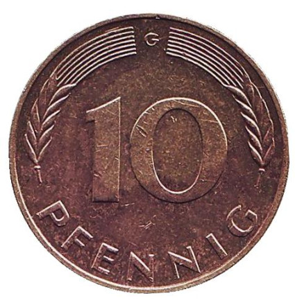 Монета 10 пфеннигов. 1974 год (G), ФРГ. Дубовые листья.