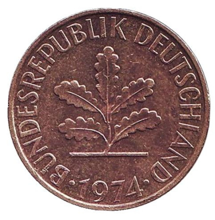 Монета 10 пфеннигов. 1974 год (G), ФРГ. Дубовые листья. Монета 10 пфеннигов. 1974 год (G), ФРГ. Дубовые листья.