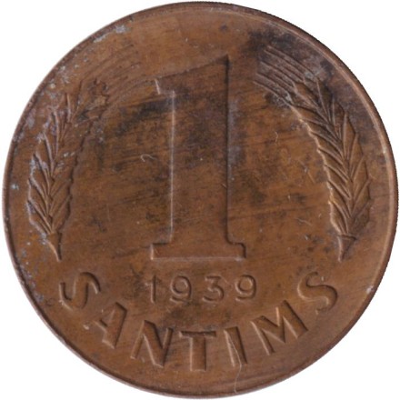 Монета 1 сантим. 1939 год, Латвия.