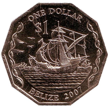 Монета 1 доллар, 2007 год, Белиз. UNC. Парусник.