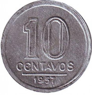 Монета 10 сентаво. 1957 год, Бразилия. Монета 10 сентаво. 1957 год, Бразилия.