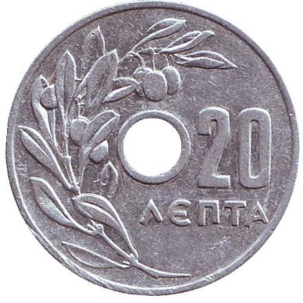 Монета 20 лепт. 1954 год, Греция.