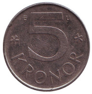 Монета 5 крон. 1982 год, Швеция. Монета 5 крон. 1982 год, Швеция.
