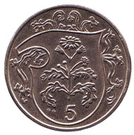 Монета 5 пенсов. 1987 год, Остров Мэн. Растение Крестовик. Монета 5 пенсов. 1987 год, Остров Мэн. Растение Крестовик.