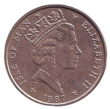 Монета 5 пенсов. 1987 год, Остров Мэн. Растение Крестовик.