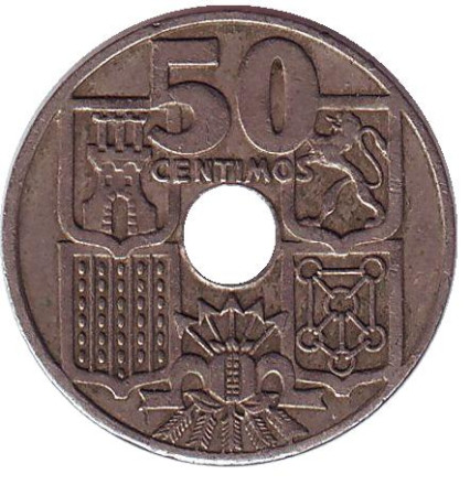 Монета 50 сентимо. 1963 год, Испания. (65 внутри звезды) Монета 50 сентимо. 1963 год, Испания. (65 внутри звезды)