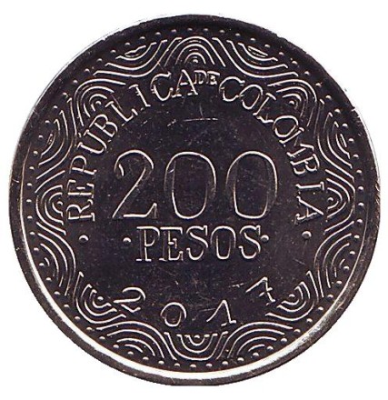 Монета 200 песо. 2017 год, Колумбия. UNC. Красный ара.