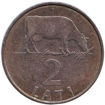 Монета 2 лата, 1992 год, Латвия. Корова.